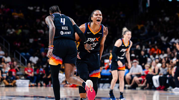 Jul 27, 2025; Washington, District of Columbia, USA; Phoenix Mercury forward Alyssa Thomas (25) celebrates after scoring in the second half against the Washington Mystics at CareFirst Arena. Mandatory Credit: Emily Faith Morgan-Imagn Images
