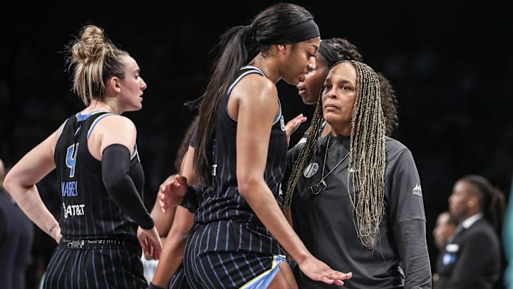 May 23, 2024; Brooklyn, New York, USA; Chicago Sky forward Angel Reese (5) talks with head coach Teresa Weatherspoon during a time out in the fourth quarter against the New York Liberty at Barclays Center. Mandatory Credit: Wendell Cruz-Imagn Images May 23, 2024; Brooklyn, New York, USA; Chicago Sky forward Angel Reese (5) talks with head coach Teresa Weatherspoon during a time out in the fourth quarter against the New York Liberty at Barclays Center. Mandatory Credit: Wendell Cruz-Imagn Images