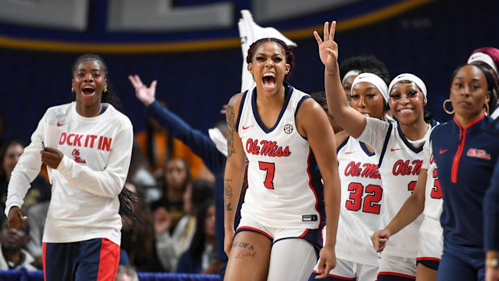 The Ole Miss Rebels bench celebrates Thursday, March 5, 2026, during the SEC Women's Basketball Tournament second round game against the Auburn Tigers at Bon Secours Wellness Arena in Greenville, South Carolina.