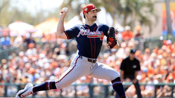 Feb 28, 2026; Sarasota, Florida, USA;  Atlanta Braves starting pitcher Spencer Strider (99) throws a pitch against the Baltimore Orioles during the first inning at Ed Smith Stadium. Mandatory Credit: Kim Klement Neitzel-Imagn Images