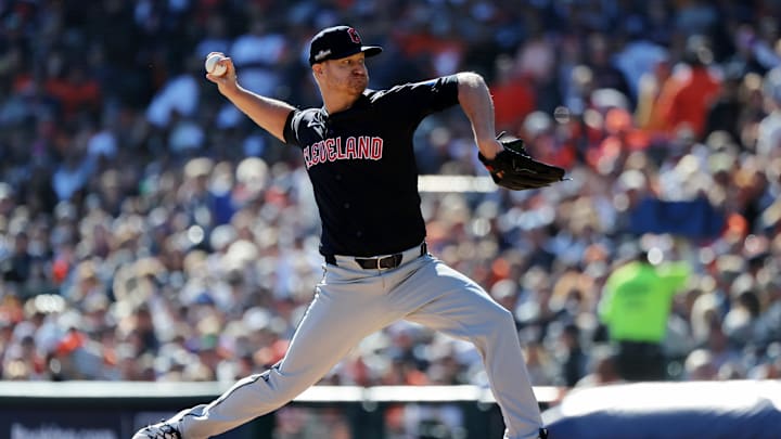 Oct 9, 2024; Detroit, Michigan, USA; Cleveland Guardians starting pitcher Alex Cobb (35) pitches against the Detroit Tigers during the first inning during game three of the ALDS for the 2024 MLB Playoffs at Comerica Park. Mandatory Credit: David Reginek-Imagn Images