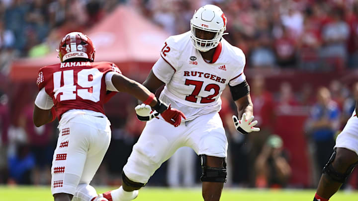Sep 17, 2022; Philadelphia, Pennsylvania, USA; Rutgers Scarlet Knights offensive lineman Hollin Pierce (72) blocks against the Temple Owls in the first half at Lincoln Financial Field. Mandatory Credit: Kyle Ross-Imagn Images