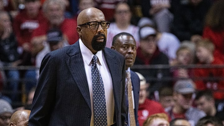 Indiana Hoosiers head coach Mike Woodson in the first half against the Rutgers Scarlet Knights at Simon Skjodt Assembly Hall. Indiana Hoosiers head coach Mike Woodson in the first half against the Rutgers Scarlet Knights at Simon Skjodt Assembly Hall.