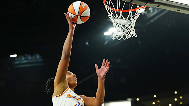 Oct 3, 2025; Las Vegas, Nevada, USA; Phoenix Mercury forward Alyssa Thomas (25) shoots against the Las Vegas Aces during the second quarter of game one of the 2025 WNBA Finals at Michelob Ultra Arena. Mandatory Credit: Stephen R. Sylvanie-Imagn Images