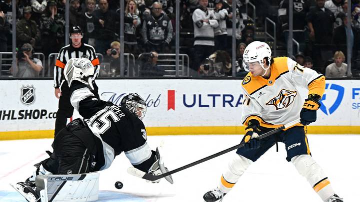 Apr 2, 2026; Los Angeles, California, USA; Nashville Predators right wing Luke Evangelista (77) scores the game winning goal during a penalty shootout against Los Angeles Kings goaltender Darcy Kuemper (35) at Crypto.com Arena. Mandatory Credit: Griffin Hooper-Imagn Images Apr 2, 2026; Los Angeles, California, USA; Nashville Predators right wing Luke Evangelista (77) scores the game winning goal during a penalty shootout against Los Angeles Kings goaltender Darcy Kuemper (35) at Crypto.com Arena. Mandatory Credit: Griffin Hooper-Imagn Images