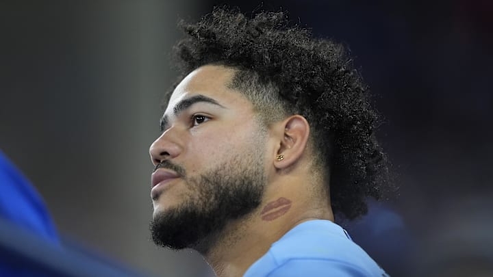 Apr 29, 2026; Toronto, Ontario, CAN; Toronto Blue Jays designated hitter Yohendrick Pinango (24) looks on from the dugout during the sixth inning against the Boston Red Sox at Rogers Centre. Mandatory Credit: John E. Sokolowski-Imagn Images