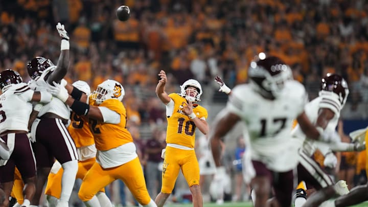 Arizona State Sun Devils quarterback Sam Leavitt (10) throws the ball against the Mississippi State Bulldogs at Mountain America Stadium on Sept. 7, 2024, in Tempe.