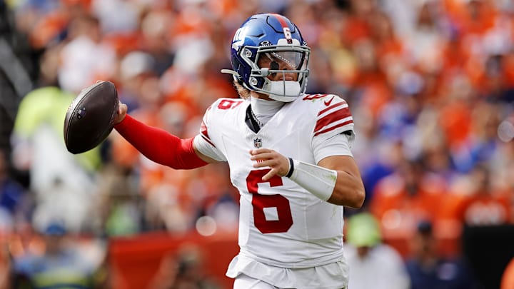 Oct 19, 2025; Denver, Colorado, USA; New York Giants quarterback Jaxson Dart (6) makes a pass during the first half against the Denver Broncos at Empower Field at Mile High.