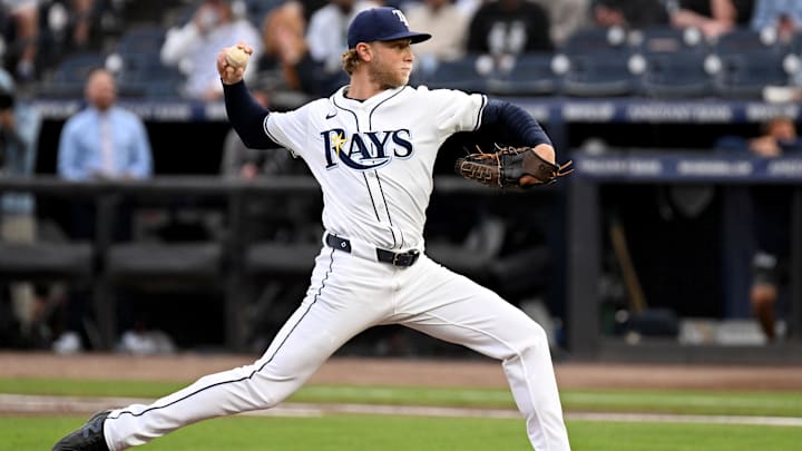 Tampa Bay Rays starting pitcher Shane Baz (11) throws a pitch in the first inning against the Los Angeles Angels at George M. Steinbrenner Field on April 8.