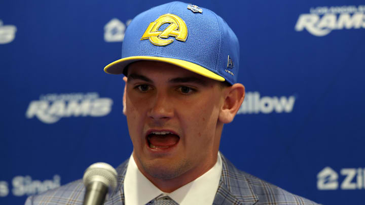 Apr 24, 2026; Inglewood, CA, USA;  Los Angeles Rams first-round draft pick Ty Simpson speaks to media during a press conference at Code Next at Hollywood Park. Mandatory Credit: Kiyoshi Mio-Imagn Images