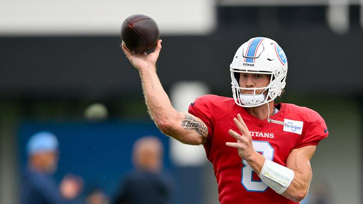 Aug 3, 2026; Nashville, TN, USA;  Tennessee Titans quarterback Will Levis (8) goes through drills during training camp at Vanderbilt Health Football Center. Mandatory Credit: Steve Roberts-Imagn Images