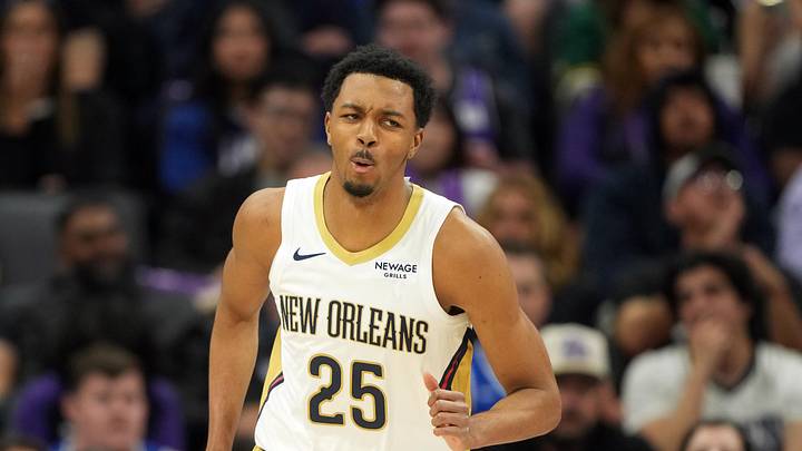 Apr 3, 2026; Sacramento, California, USA; New Orleans Pelicans forward Trey Murphy III (25) reacts after dunking against the Sacramento Kings during the third quarter at Golden 1 Center. Mandatory Credit: Darren Yamashita-Imagn Images
