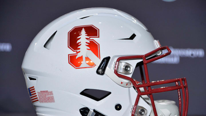 Dec 30, 2015; Los Angeles, CA, USA; General view of Stanford Cardinal helmet during press conference in advance of the 102nd Rose Bowl against the Iowa Hawkeyes at the L.A. Hotel Downtown. Mandatory Credit: Kirby Lee-Imagn Images