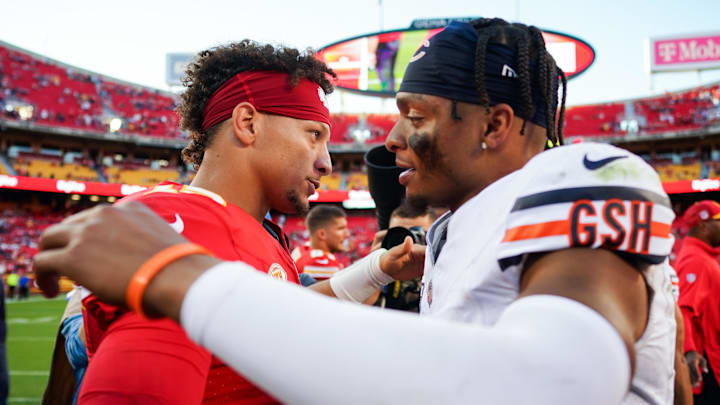 Sep 24, 2023; Kansas City, Missouri, USA; Kansas City Chiefs quarterback Patrick Mahomes (15) greets Chicago Bears quarterback Justin Fields (1) after a game at GEHA Field at Arrowhead Stadium. Mandatory Credit: Jay Biggerstaff-Imagn Images Sep 24, 2023; Kansas City, Missouri, USA; Kansas City Chiefs quarterback Patrick Mahomes (15) greets Chicago Bears quarterback Justin Fields (1) after a game at GEHA Field at Arrowhead Stadium. Mandatory Credit: Jay Biggerstaff-Imagn Images