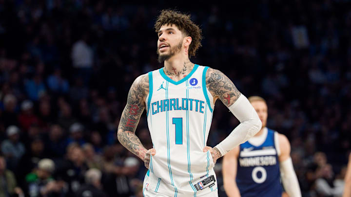 Apr 5, 2026; Minneapolis, Minnesota, USA; Charlotte Hornets guard LaMelo Ball (1) during a stoppage in the first quarter against the Minnesota Timberwolves at Target Center. 