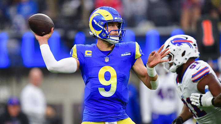 Dec 8, 2024; Inglewood, California, USA; Los Angeles Rams quarterback Matthew Stafford (9) throws against the Buffalo Bills during the second half at SoFi Stadium. Mandatory Credit: Gary A. Vasquez-Imagn Images Dec 8, 2024; Inglewood, California, USA; Los Angeles Rams quarterback Matthew Stafford (9) throws against the Buffalo Bills during the second half at SoFi Stadium. Mandatory Credit: Gary A. Vasquez-Imagn Images