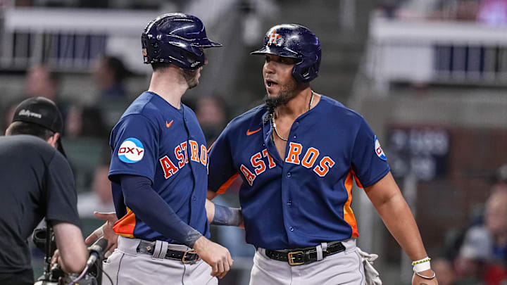 Apr 22, 2023; Cumberland, Georgia, USA; Houston Astros right fielder Kyle Tucker (30) reacts with