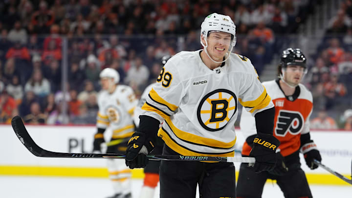 Apr 5, 2026; Philadelphia, Pennsylvania, USA; Boston Bruins center Morgan Geekie (39) reacts against the Philadelphia Flyers in overtime at Xfinity Mobile Arena. Mandatory Credit: Kyle Ross-Imagn Images Apr 5, 2026; Philadelphia, Pennsylvania, USA; Boston Bruins center Morgan Geekie (39) reacts against the Philadelphia Flyers in overtime at Xfinity Mobile Arena. Mandatory Credit: Kyle Ross-Imagn Images