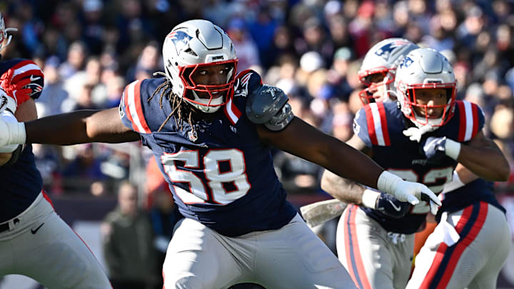 Nov 2, 2025; Foxborough, Massachusetts, USA; New England Patriots center Jared Wilson (58) in coverage during the first half against the Atlanta Falcons at Gillette Stadium. Mandatory Credit: Eric Canha-Imagn Images