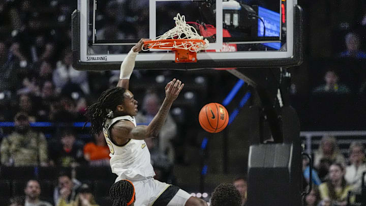 Feb 28, 2026; Winston-Salem, North Carolina, USA; Wake Forest Demon Deacons forward Tre'von Spillers (25) makes a slam dunk against the Syracuse Orange during the secondt half at Lawrence Joel Veterans Memorial Coliseum. Mandatory Credit: Jim Dedmon-Imagn Images Feb 28, 2026; Winston-Salem, North Carolina, USA; Wake Forest Demon Deacons forward Tre'von Spillers (25) makes a slam dunk against the Syracuse Orange during the secondt half at Lawrence Joel Veterans Memorial Coliseum. Mandatory Credit: Jim Dedmon-Imagn Images