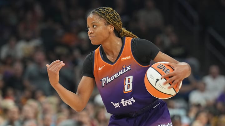 Jun 27, 2025; Phoenix, Arizona, USA; Phoenix Mercury guard Monique Akoa Makani (8) dribbles against the New York Liberty during the first half at Footprint Center. Mandatory Credit: Joe Camporeale-Imagn Images Jun 27, 2025; Phoenix, Arizona, USA; Phoenix Mercury guard Monique Akoa Makani (8) dribbles against the New York Liberty during the first half at Footprint Center. Mandatory Credit: Joe Camporeale-Imagn Images