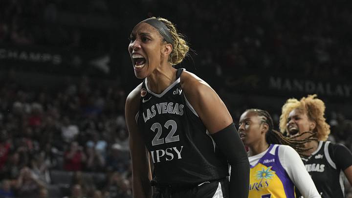 May 23, 2026; Las Vegas, Nevada, USA; Las Vegas Aces center A'ja Wilson (22) reacts to a play against the Los Angeles Sparks in the fourth quarter of their game at Michelob Ultra Arena. Mandatory Credit: Candice Ward-Imagn Images May 23, 2026; Las Vegas, Nevada, USA; Las Vegas Aces center A'ja Wilson (22) reacts to a play against the Los Angeles Sparks in the fourth quarter of their game at Michelob Ultra Arena. Mandatory Credit: Candice Ward-Imagn Images