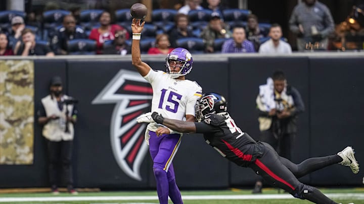 Nov 5, 2023; Atlanta, Georgia, USA; Minnesota Vikings quarterback Joshua Dobbs (15) throws the ball
