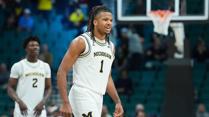 Nov 26, 2025; Las Vegas, NV, USA; Michigan Wolverines guard Trey McKenney (1) reacts in the second half against the Gonzaga Bulldogs in the 2025 Players Era Festival championship game at MGM Grand Garden Arena.