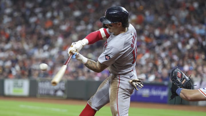 Boston Red Sox center fielder Jarren Duran (16) hits an RBI double during the fourth inning against the Houston Astros at Minute Maid Park on Aug 20. Boston Red Sox center fielder Jarren Duran (16) hits an RBI double during the fourth inning against the Houston Astros at Minute Maid Park on Aug 20.