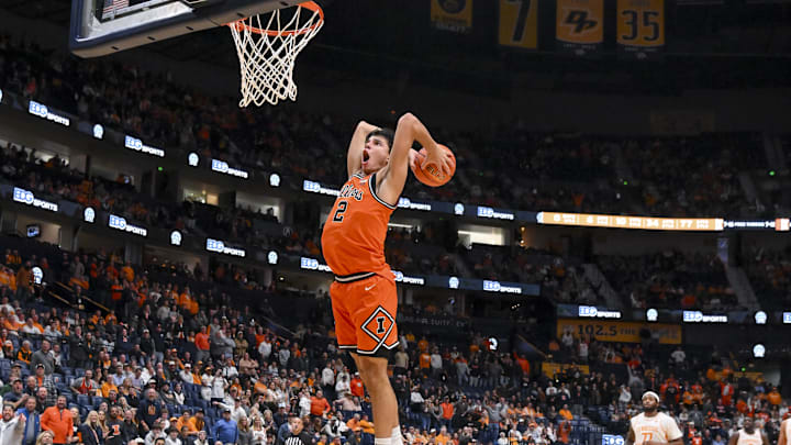 Dec 6, 2025; Nashville, Tennessee, USA; Illinois Fighting Illini guard Andrej Stojakovic (2) dunks the ball against the Tennessee Volunteers during the second half at Bridgestone Arena. Mandatory Credit: Steve Roberts-Imagn Images Dec 6, 2025; Nashville, Tennessee, USA; Illinois Fighting Illini guard Andrej Stojakovic (2) dunks the ball against the Tennessee Volunteers during the second half at Bridgestone Arena. Mandatory Credit: Steve Roberts-Imagn Images
