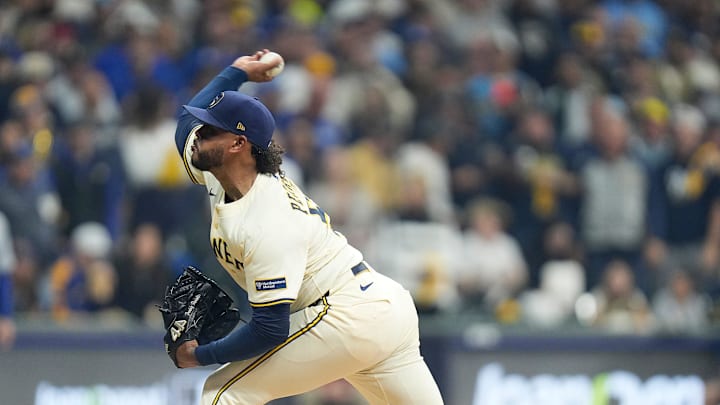 Milwaukee Brewers starting pitcher Freddy Peralta (51) pitches during the first inning of the National League Championship Series game against the Los Angeles Dodgers October 14, 2025 at American Family Field in Milwaukee, Wisconsin. Milwaukee Brewers starting pitcher Freddy Peralta (51) pitches during the first inning of the National League Championship Series game against the Los Angeles Dodgers October 14, 2025 at American Family Field in Milwaukee, Wisconsin.