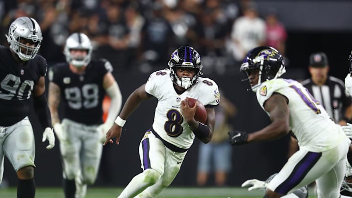 Sep 13, 2021; Paradise, Nevada, USA; Baltimore Ravens quarterback Lamar Jackson (8) against the Las Vegas Raiders during Monday Night Football at Allegiant Stadium. Mandatory Credit: Mark J. Rebilas-USA TODAY Sports