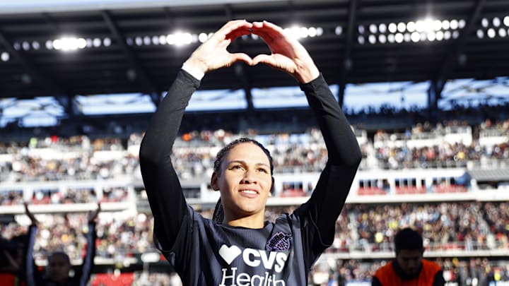 Washington Spirit forward Trinity Rodman (2) celebrates after defeating NJ/NY Gotham FC in a 2024 NWSL Playoffs semifinal match at Audi Field.