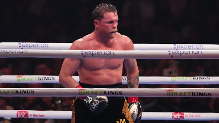 Canelo Alvarez (black/gold trunks) and Terence Crawford (not pictured) box during their super middleweight title bout at Allegiant Stadium. Canelo Alvarez (black/gold trunks) and Terence Crawford (not pictured) box during their super middleweight title bout at Allegiant Stadium.