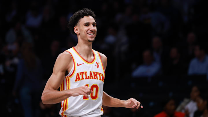 Zaccharie Risacher on the court during Hawks vs Nets. 