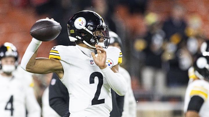 Nov 21, 2024; Cleveland, Ohio, USA; Pittsburgh Steelers quarterback Justin Fields (2) throws the ball during warm ups before the game against the Cleveland Browns at Huntington Bank Field Stadium. Mandatory Credit: Scott Galvin-Imagn Images