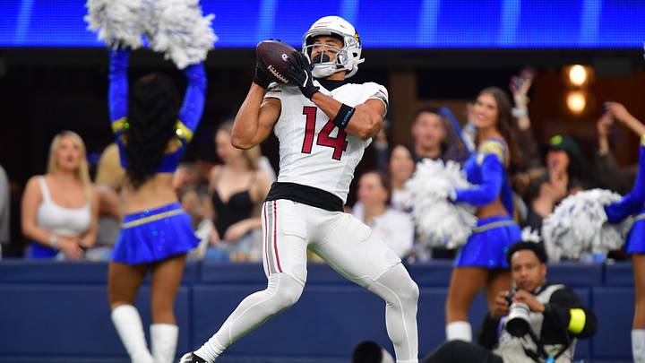 Jan 4, 2026; Inglewood, California, USA;  Arizona Cardinals wide receiver Michael Wilson (14) makes a touchdown catch against the Los Angeles Rams during the second half at SoFi Stadium. Mandatory Credit: Gary A. Vasquez-Imagn Images