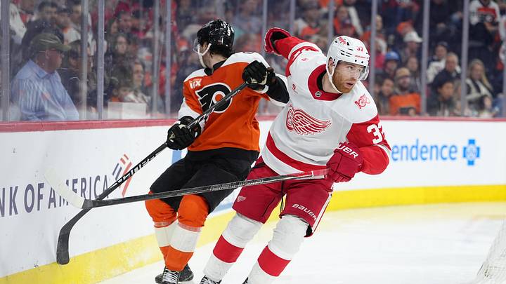 Apr 2, 2026; Philadelphia, Pennsylvania, USA; Detroit Red Wings left wing J.T. Compher (37) skates against Philadelphia Flyers defenseman Jamie Drysdale (9) in the third period at Xfinity Mobile Arena. Mandatory Credit: Kyle Ross-Imagn Images Apr 2, 2026; Philadelphia, Pennsylvania, USA; Detroit Red Wings left wing J.T. Compher (37) skates against Philadelphia Flyers defenseman Jamie Drysdale (9) in the third period at Xfinity Mobile Arena. Mandatory Credit: Kyle Ross-Imagn Images
