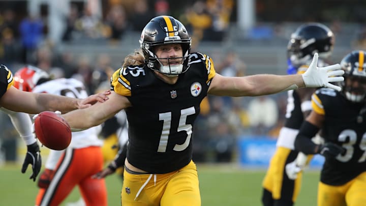 Dec 8, 2024; Pittsburgh, Pennsylvania, USA;  Pittsburgh Steelers wide receiver Ben Skowronek (15) reacts after a fumble recovery against the Cleveland Browns during the fourth quarter at Acrisure Stadium. Mandatory Credit: Charles LeClaire-Imagn Images