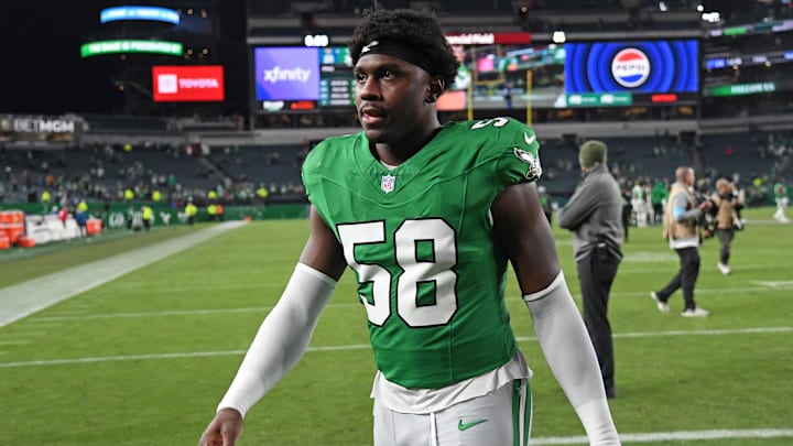Nov 3, 2024; Philadelphia, Pennsylvania, USA; Philadelphia Eagles linebacker Jalyx Hunt (58) walks off the field after win against the Jacksonville Jaguars at Lincoln Financial Field. Mandatory Credit: Eric Hartline-Imagn Images Nov 3, 2024; Philadelphia, Pennsylvania, USA; Philadelphia Eagles linebacker Jalyx Hunt (58) walks off the field after win against the Jacksonville Jaguars at Lincoln Financial Field. Mandatory Credit: Eric Hartline-Imagn Images