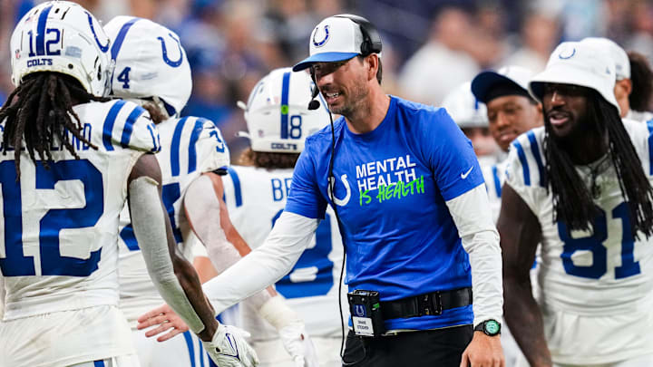 Indianapolis Colts head coach Shane Steichen high fives his team Saturday, Aug. 17, 2024, during a preseason game between the Indianapolis Colts and the Arizona Cardinals at Lucas Oil Stadium in Indianapolis. The Colts defeated the Cardinals, 21-13.