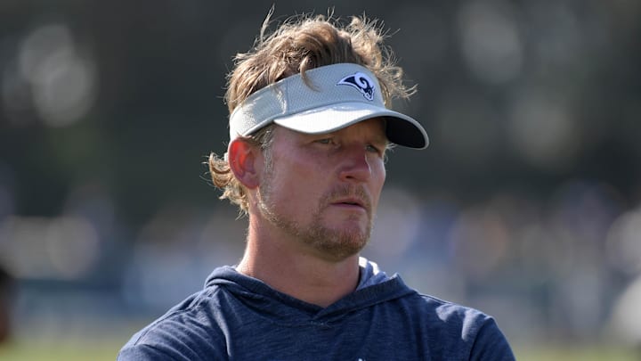 Jul 28, 2018; Irvine, CA, USA; Los Angeles Rams general manager Les Snead reacts during training camp at UC Irvine. Mandatory Credit: Kirby Lee-Imagn Images