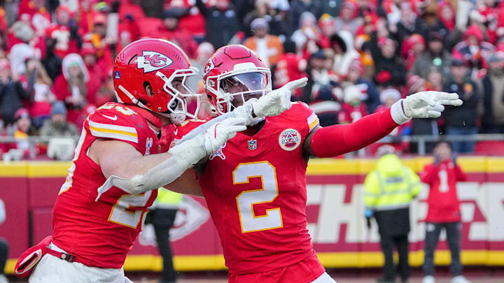 Kansas City Chiefs cornerback Joshua Williams (2) celebrates with linebacker Drue Tranquill (23) after a sack against the Houston Texans during the second half at GEHA Field at Arrowhead Stadium. 