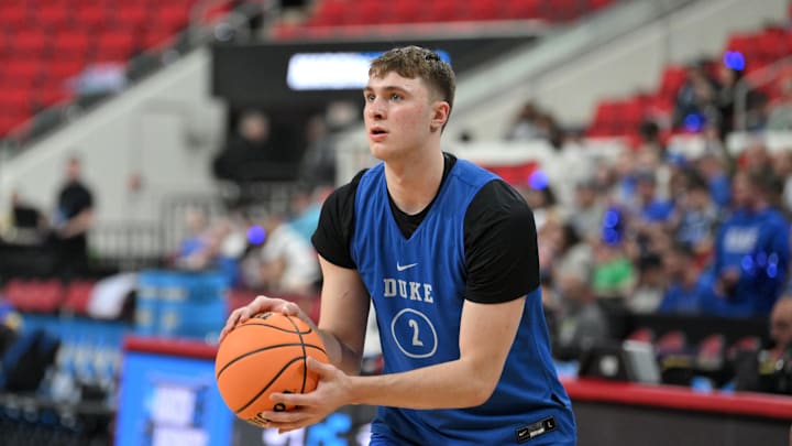 Duke Blue Devils forward Cooper Flagg (2) catches a pass during the NCAA pre tournament practice at Lenovo Center at Lenovo Center. 