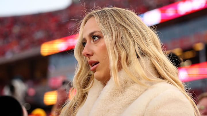 Kansas City, MO, USA; Brittany Mahomes on the sidelines before the AFC Championship game against the Buffalo Bills at GEHA Field at Arrowhead Stadium. 
