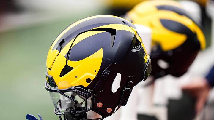 A Michigan football helmet during the spring game at Michigan Stadium in Ann Arbor on Saturday, April 18, 2026.
