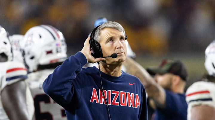 Nov 28, 2025; Tempe, Arizona, USA; Arizona Wildcats head coach Brent Brennan against the Arizona State Sun Devils during the 99th Territorial Cup at Mountain America Stadium. Mandatory Credit: Mark J. Rebilas-Imagn Images Nov 28, 2025; Tempe, Arizona, USA; Arizona Wildcats head coach Brent Brennan against the Arizona State Sun Devils during the 99th Territorial Cup at Mountain America Stadium. Mandatory Credit: Mark J. Rebilas-Imagn Images