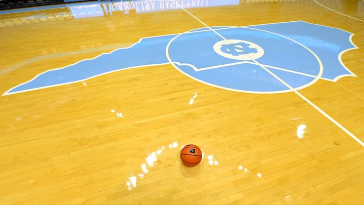 Dec 13, 2022; Chapel Hill, North Carolina, USA; A view of the center court logo at Dean E. Smith Center. Mandatory Credit: Bob Donnan-Imagn Images