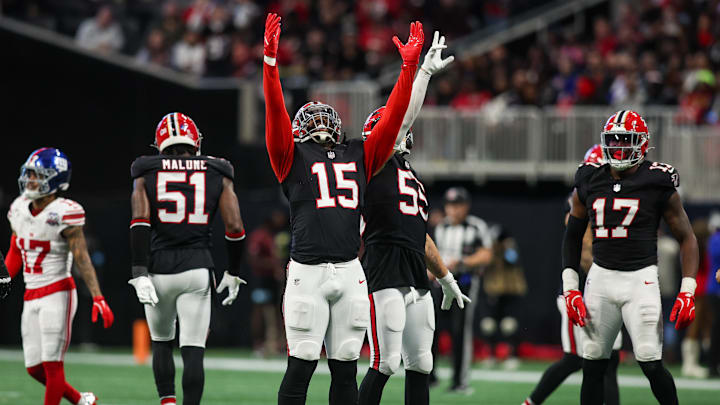 Dec 22, 2024; Atlanta, Georgia, USA; Atlanta Falcons linebacker Matthew Judon (15) celebrates after a sack against the New York Giants in the fourth quarter at Mercedes-Benz Stadium. Mandatory Credit: Brett Davis-Imagn Images
