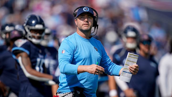 Tennessee Titans head coach Brian Callahan works with his team against the Indianapolis Colts during the first quarter at Nissan Stadium in Nashville, Tenn., Sunday, Oct. 13, 2024.